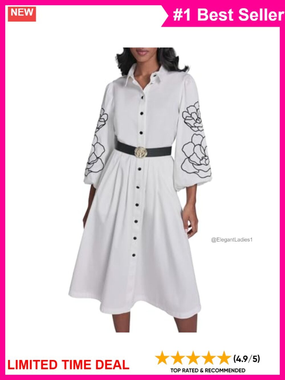 Knee Length Puff Sleeve Dress with Floral Embroidery and Rosette Belt